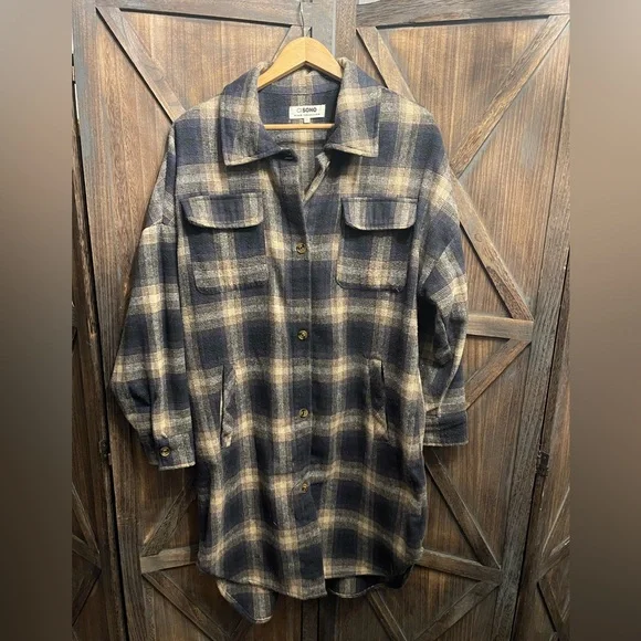 Long Plaid Button Down Shacket - Picture 1 of 7